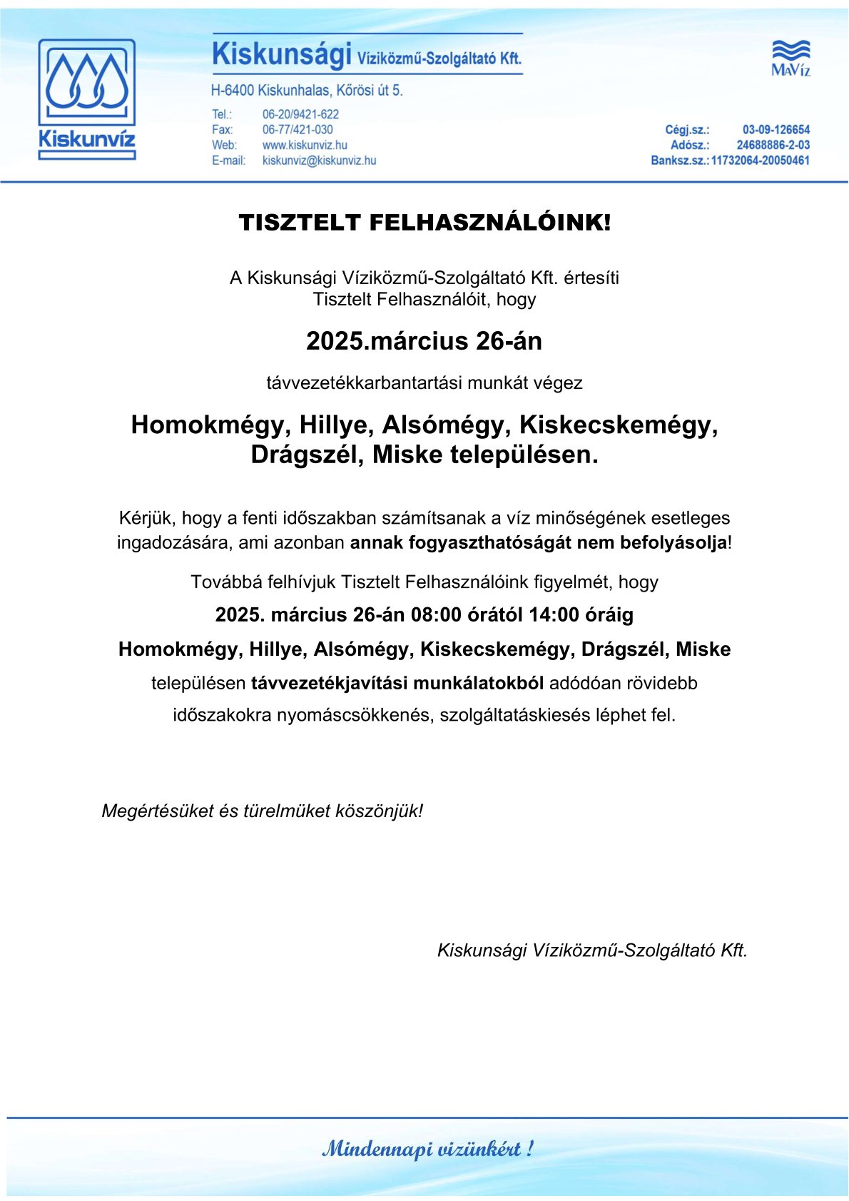 Hirdetmény távvezetékkarbantartás - Kalocsa Kistérség